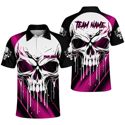 Custom Skull Men's Black Blue Bowling Polo Shirt, Custom Team Skull Bowling Shirts BZ0469