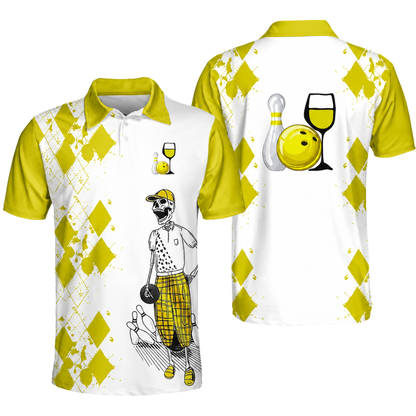Bowling And Wine That's Why I'm Here Custom Skeleton Argyle Yellow Bowling Polo Shirt Men, Custom Wine Bowling Team Shirt BZ0470