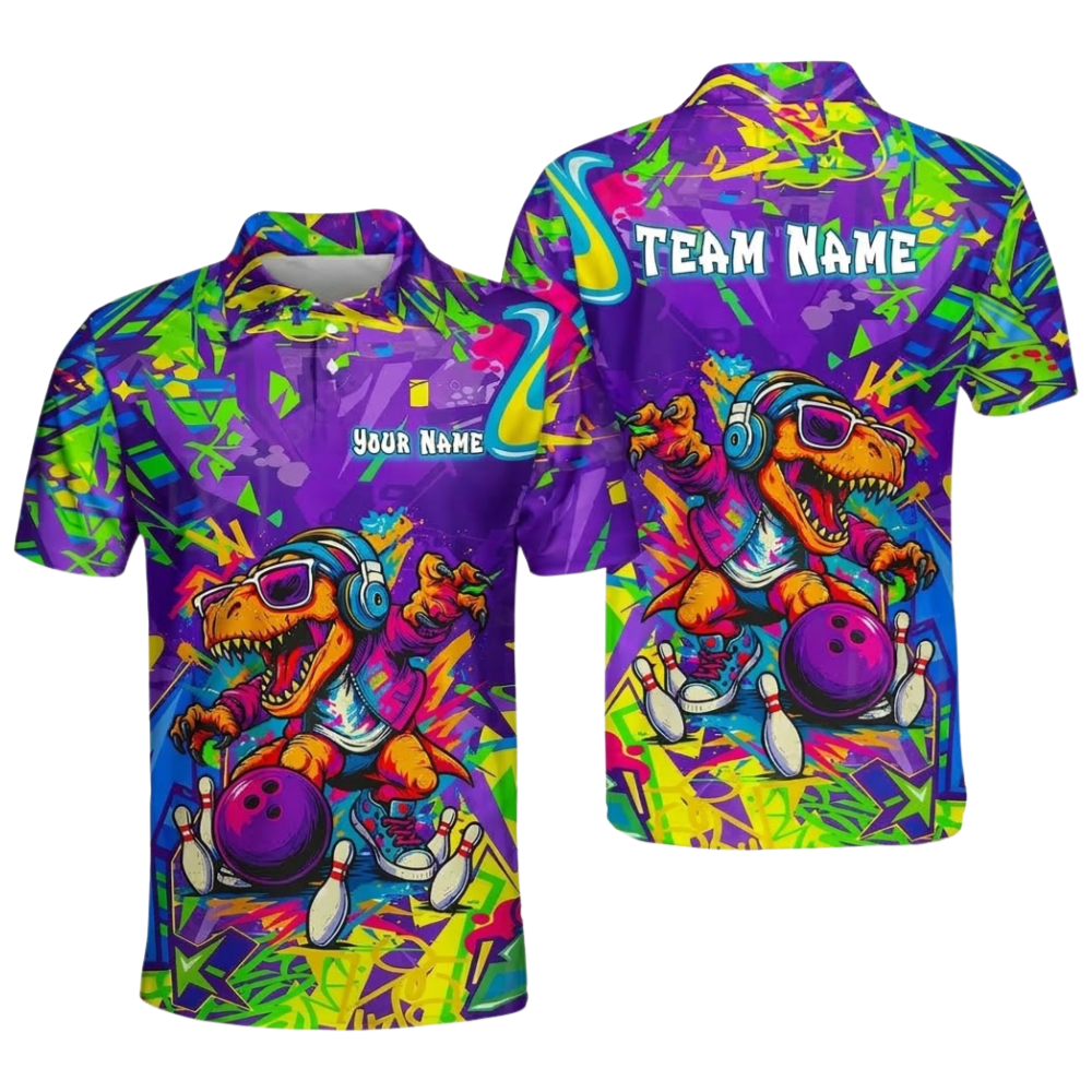 Custom T-Rex Dinosaur Graffiti Bowling Mens Polo Shirt, Custom Dinosaur Bowling Shirt For Team BZ0934