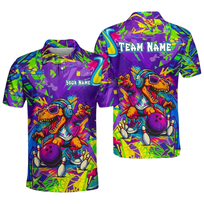 Custom T-Rex Dinosaur Graffiti Bowling Mens Polo Shirt, Custom Dinosaur Bowling Shirt For Team BZ0934