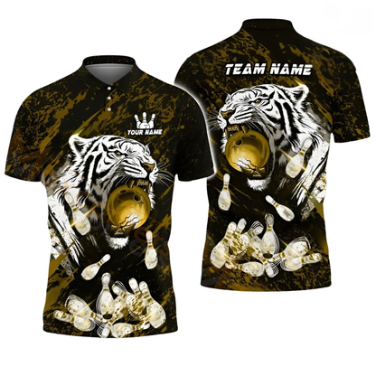 Custom Tiger Flame Ball Bowling Mens Polo Shirt, Custom Tiger Bowling Team Shirts BZ0529