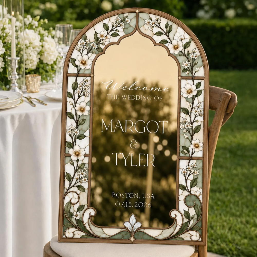 Personalized Navy Blue Stained Glass White Blossom Wedding Welcome Acrylic Sign, Custom Floral Stained Glass Wedding Sign WD0693
