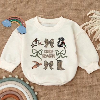 Duck Season Camo Coquette Bow Baby Romper Sweatshirt, Baby Duck Hunting Romper Sweatshirt BB0119