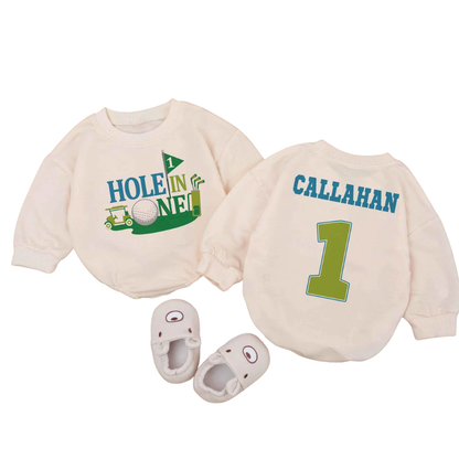 Hole In One Custom Name First Birthday Baby Romper Sweater, Personalized 1st Birthday Baby Golf Romper Sweatshirt BB0220