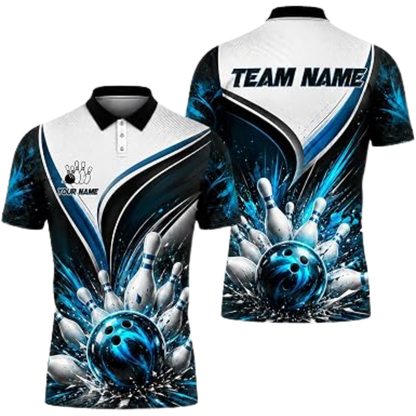 Custom Team White Blue Bowling Polo Shirt Men, Custom Bowling Team Shirts BZ0969