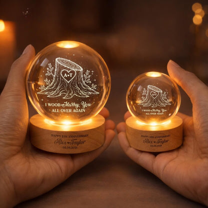Custom 5th Wedding Anniversary Crystal Led Night Light I Wood Marry You All Over Again, Custom Wood Anniversary Night Light For Couple WD0831