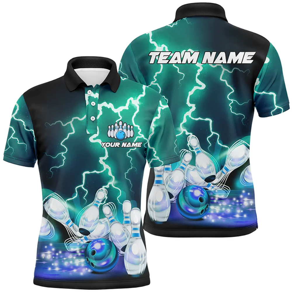Custom Thunder Blue Purple Bowling Polo Shirt Men, Custom Team Thunder Bowling Shirt BZ0830