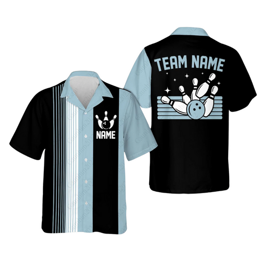 Light Blue And Black Custom Vintage Bowling Hawaiian Shirt For Men, Custom Vintage Bowling Team Shirts BZ0216