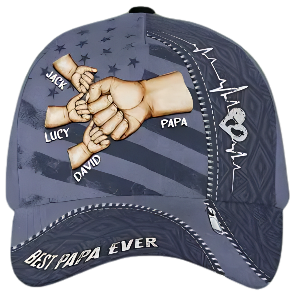 Best Papa Ever Custom Fist Bump Kid Names Baseball Cap, Custom 3D Printed Cap For Father CP0520