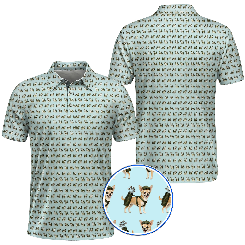 Chihuahua Pattern Mens Cyan Golf Polo Shirt, Chihuahua Golf Shirt For Dog Lover GZ0375