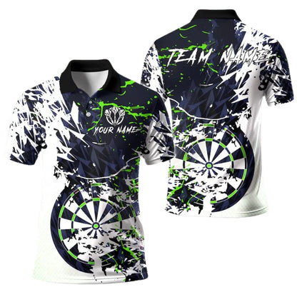 Custom Team Grunge White Blue Dart Polo Shirt For Men, Custom Darts Shirts DE0087