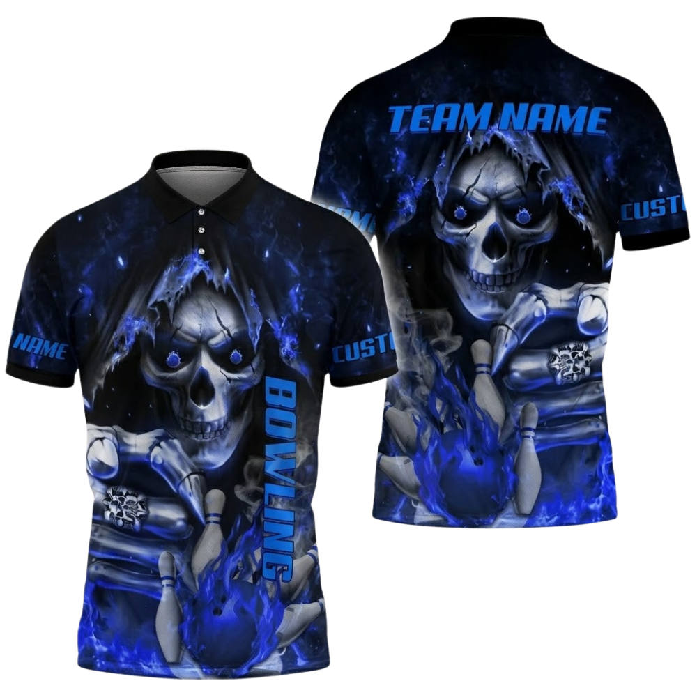 Custom Flaming Skull Bowling Polo Shirt Mens, Custom Skeleton Bowling Team Shirt BZ0685