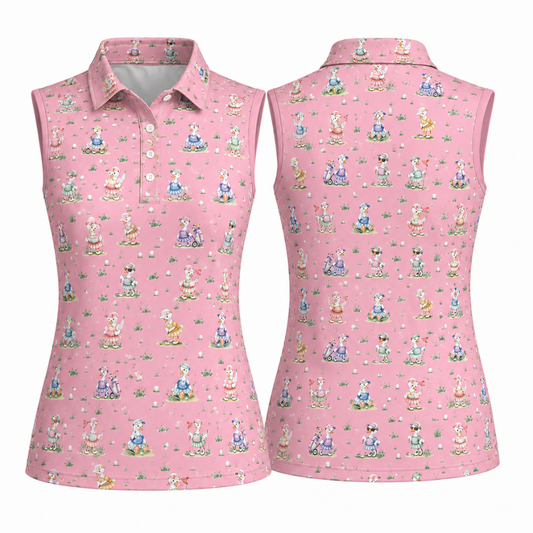 Pink Silly Goose Sleeveless Golf Shirts For Ladies, Women's Funny Goose Golf Shirts GE0472