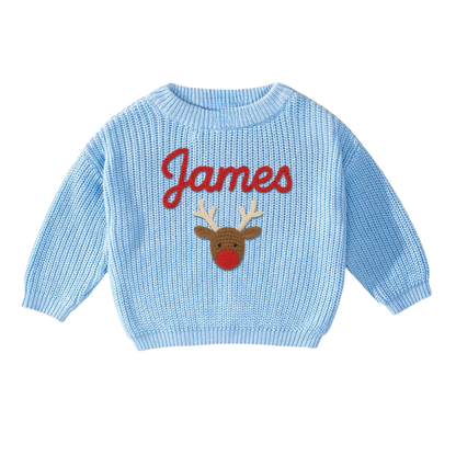 Custom Name Christmas Reindeer Embroider Knit Baby Sweater, Custom Christmas Baby Knit Sweatshirt BB0123