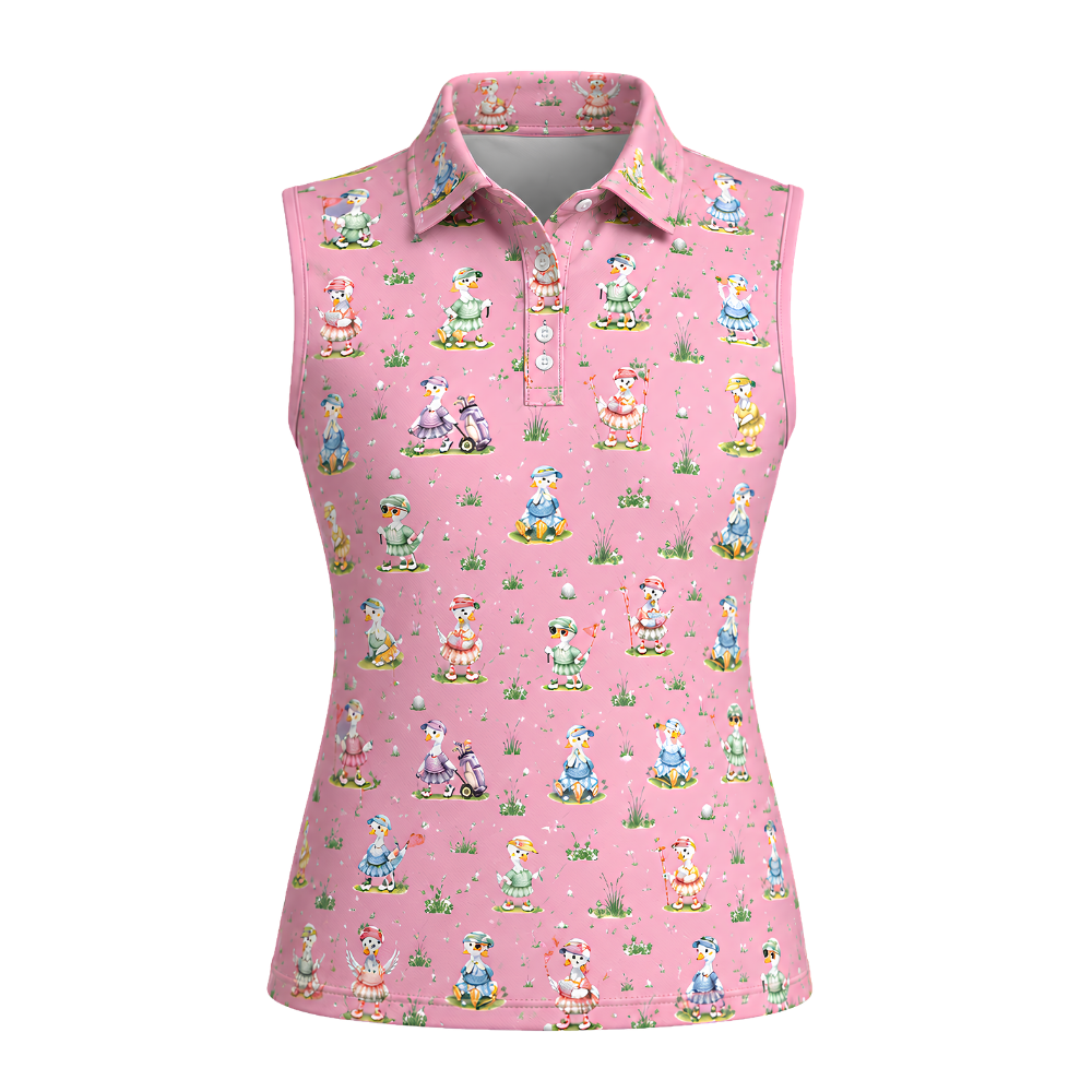 Pink Silly Goose Sleeveless Golf Shirts For Ladies, Women's Funny Goose Golf Shirts GE0472