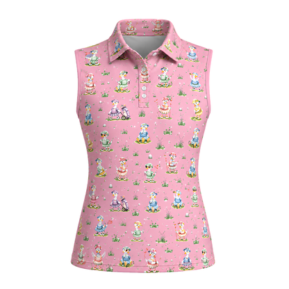 Pink Silly Goose Sleeveless Golf Shirts For Ladies, Women's Funny Goose Golf Shirts GE0472