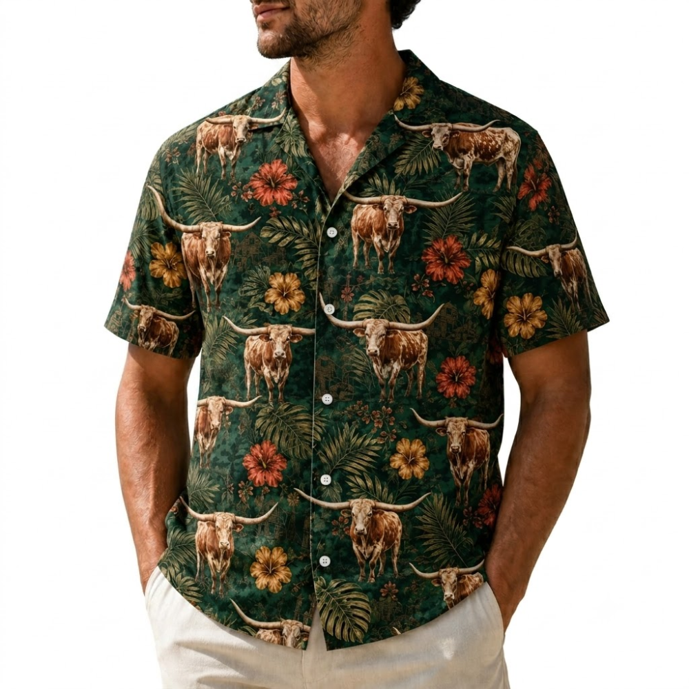 Texas Longhorn Tropical Men's Hawaiian Shirt, Texas Longhorn Hawaiian Shirt HE0698