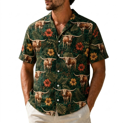 Texas Longhorn Tropical Men's Hawaiian Shirt, Texas Longhorn Hawaiian Shirt HE0698