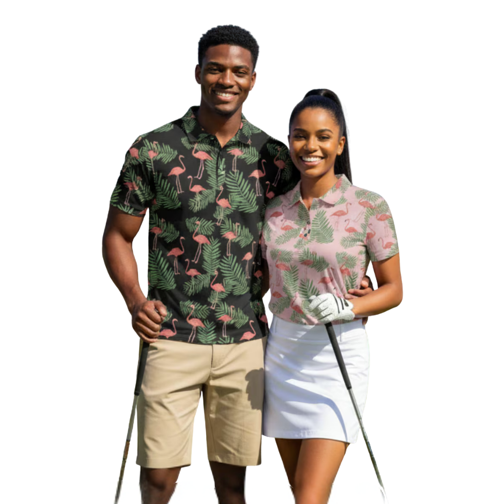 Tropical Flamingo Matching Golf Polo Shirt For Men And Women, Couple Famingo Golf Shirts GE0576