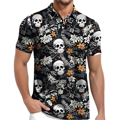 Skeleton Flowers Aloha Golf Polo Shirts Mens Black, Skull Golf Shirts GZ0448
