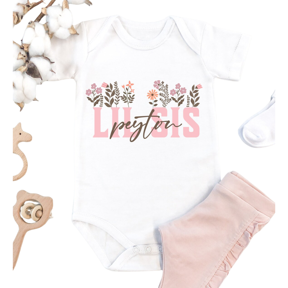 Big Sis Lil Sis Custom Name Flower Matching T Shirt, Custom Floral Sibling Matching Family Shirts ET1156