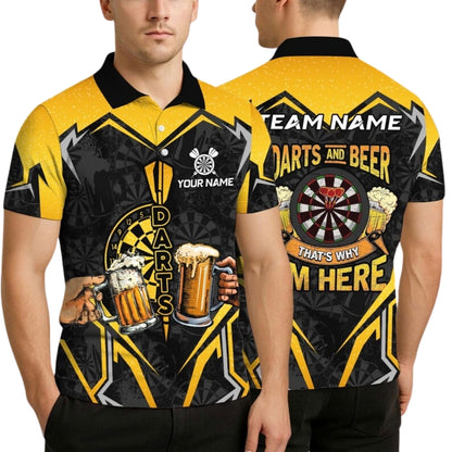 Darts And Beer That's Why I'm Here Custom Yellow Black Dart Polo Shirt Men, Custom Funny Beer Darts Team Shirts DE0003