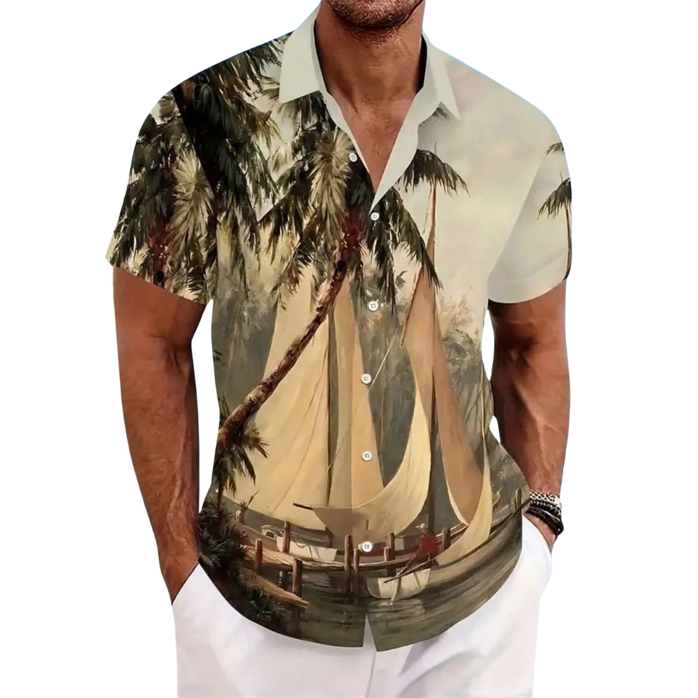 Bamboo Blue White Pocket Hawaiian Shirts For Men, Tropical Hawaiian Shirts HE0387