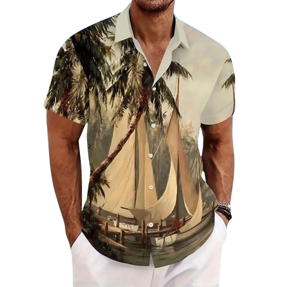 Bamboo Blue White Pocket Hawaiian Shirts For Men, Tropical Hawaiian Shirts HE0387