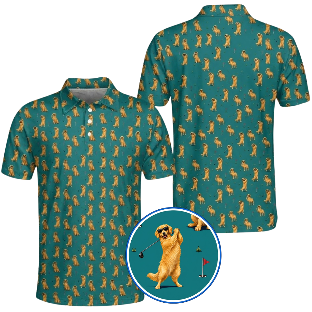 Mens Golden Retriever Teal Golf Polo Shirt, Golden Retriever Golf Shirt For Dog Lover GZ0366