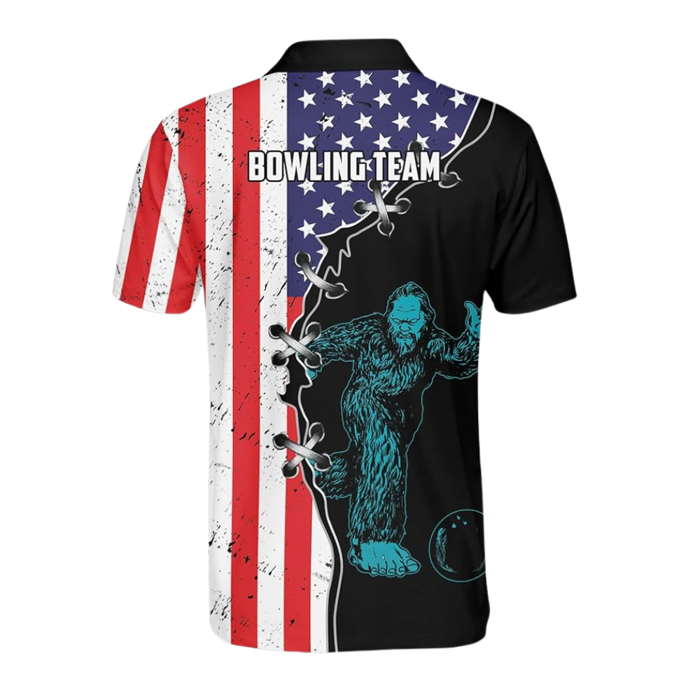 Custom Bigfoot American Flag Bowling Polo Shirt For Men, Custom Sasquatch Bowling Team Shirts BZ0784