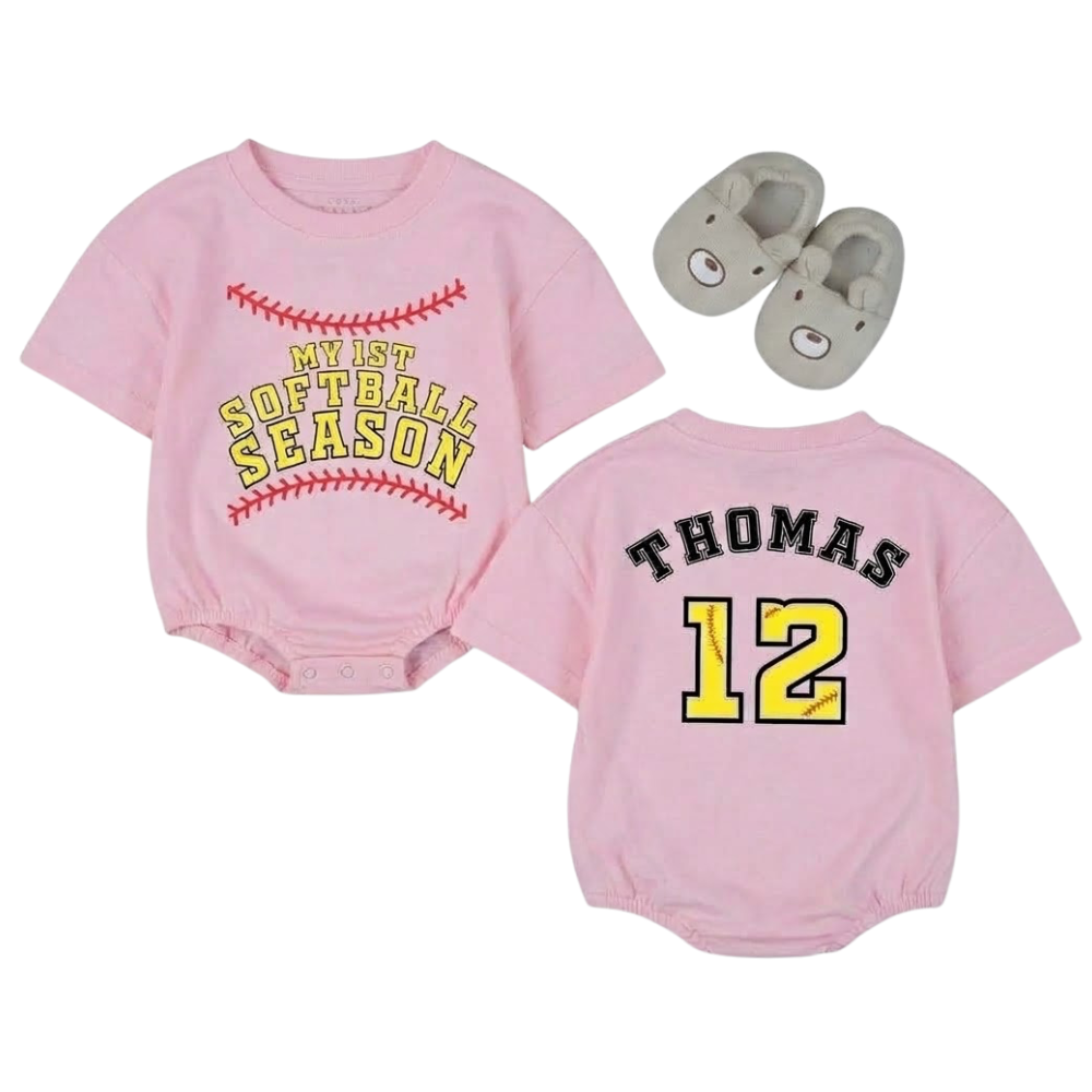 My First Softball Season Custom Baby Name Tshirt Bubble Romper, Custom Baby Softball Lover Romper BB0289