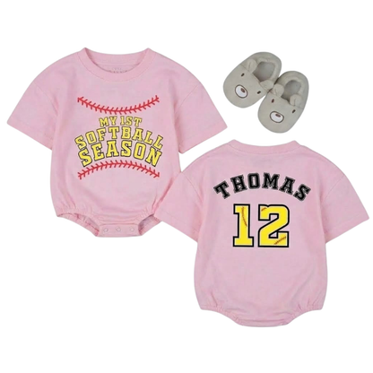 My First Softball Season Custom Baby Name Tshirt Bubble Romper, Custom Baby Softball Lover Romper BB0289