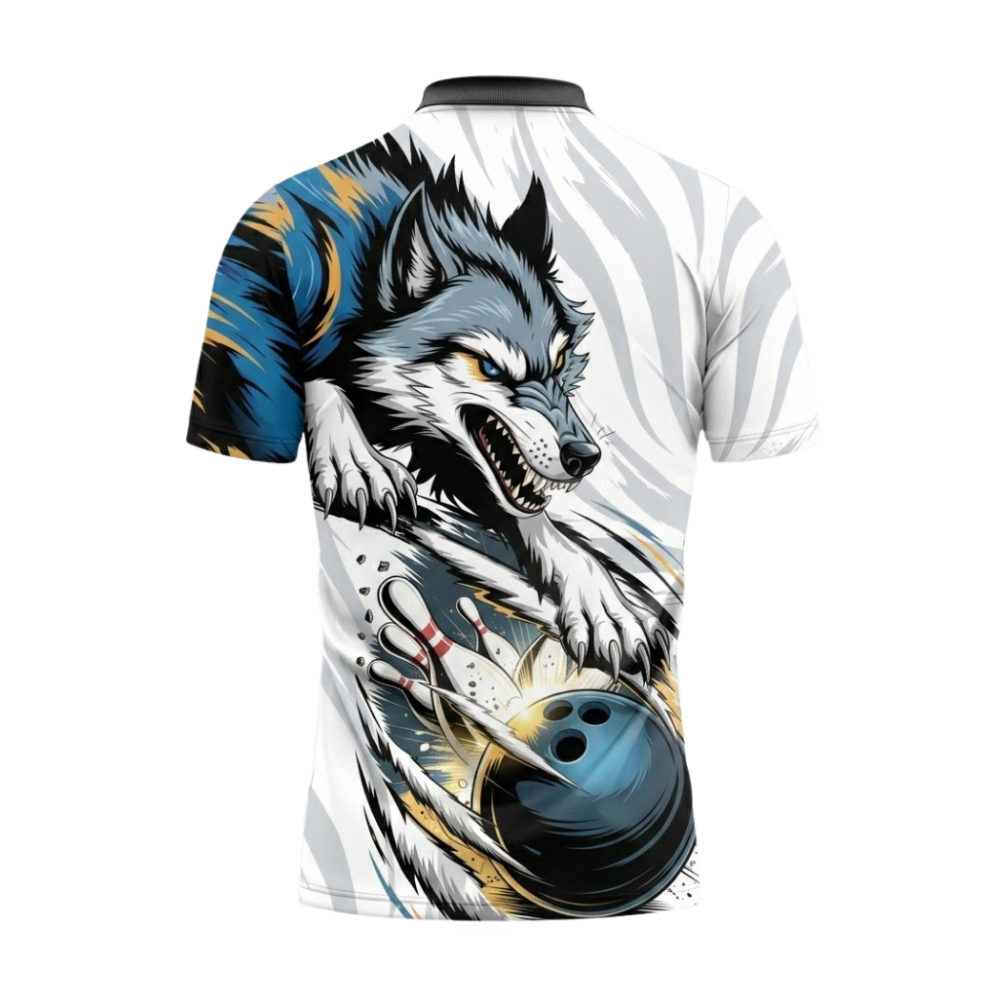 Custom Wolf Men's Blue White Bowling Polo Shirt, Custom Wolf Bowling Shirt For Team BZ0800