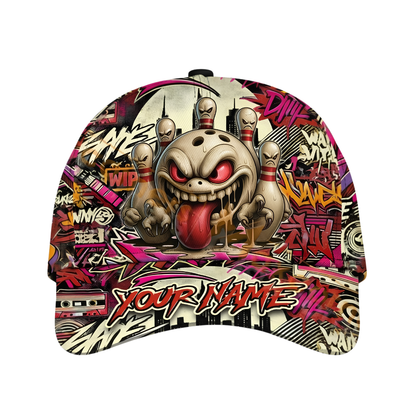 Custom Bowling Funny Pins And Ball Graffiti Baseball Cap, Custom Bowling Cap Hat CP0696