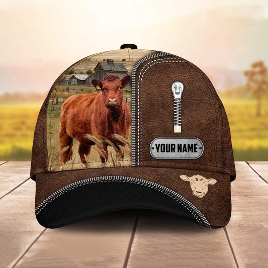 Red Angus Leather Zip Pattern Customized Name Cap CA0112