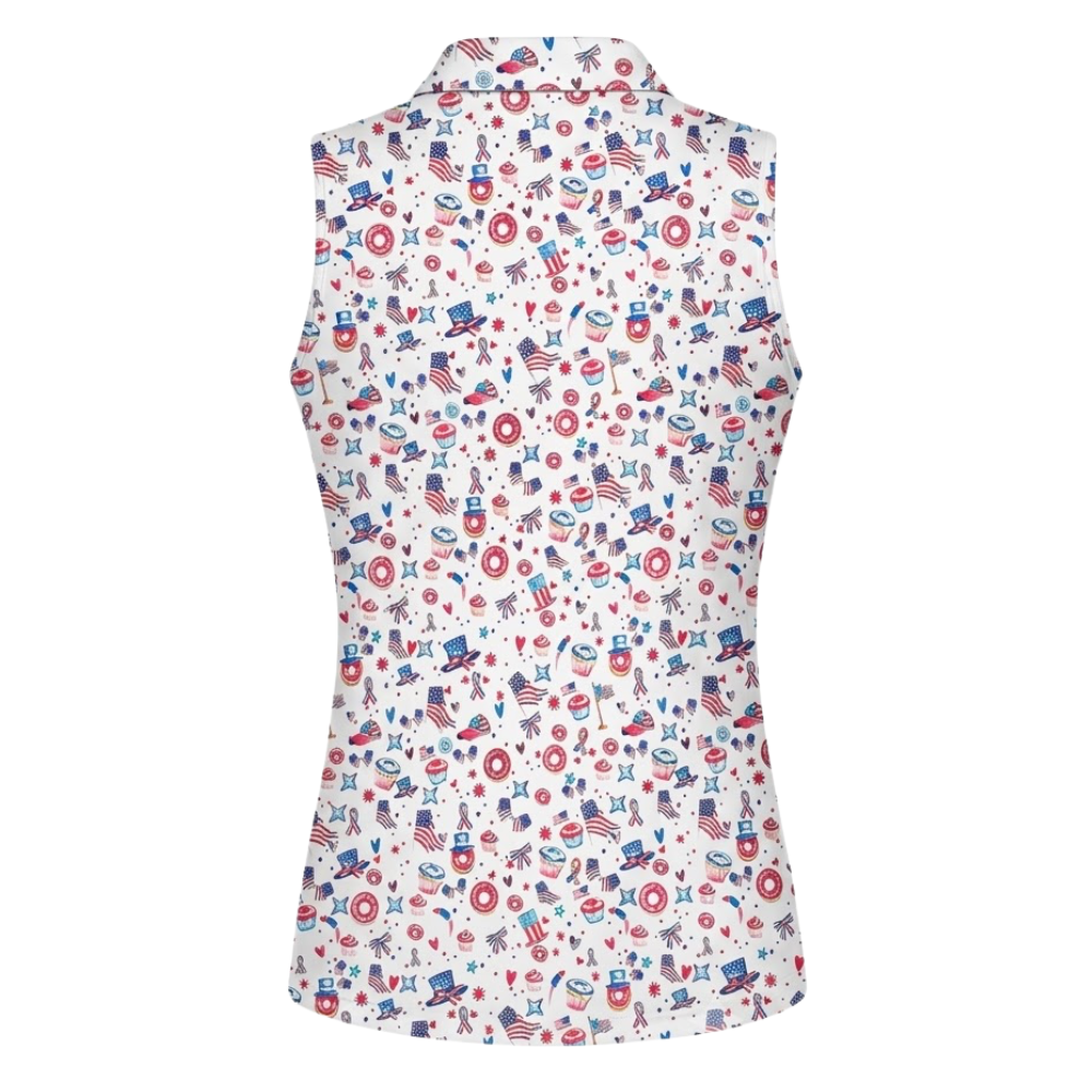 Women's USA Flag White Red Blue Sleeveless Golf Shirt, Independence Day Golf Shirt Ladies GE0545