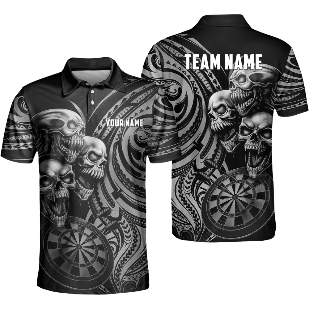 Custom Skeleton Black And Cyan Darts Mens Polo Shirt, Custom Skull Dart Shirt For Team DZ0102