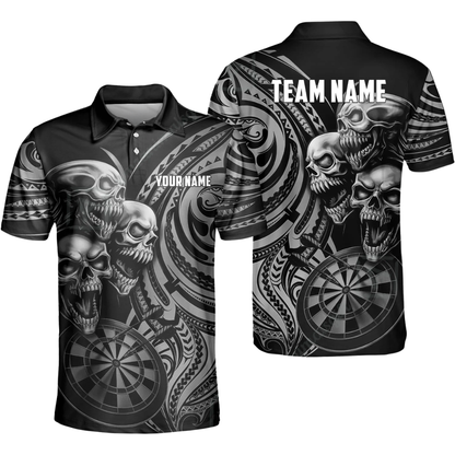 Custom Skeleton Black And Cyan Darts Mens Polo Shirt, Custom Skull Dart Shirt For Team DZ0102