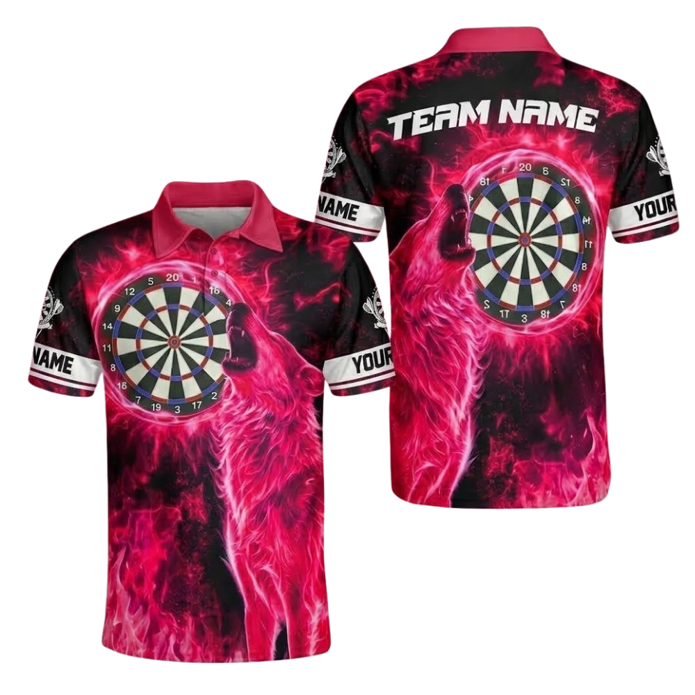 Custom Wolf Purple Flame Dart Polo Shirt For Men, Custom Wolf Team Dart Shirts DE0103