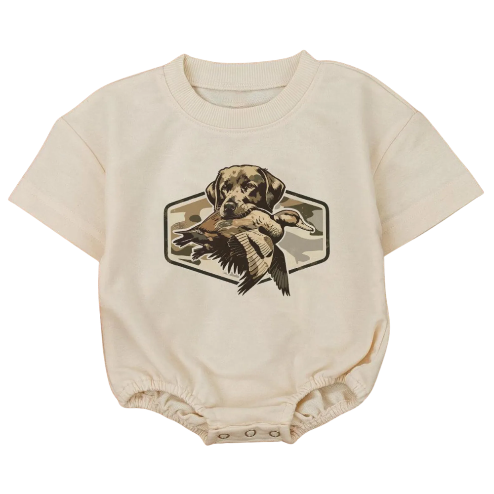 Camo Hunting Dog with Duck Baby T Shirt Romper, Camo Hunting Baby Romper BB0169