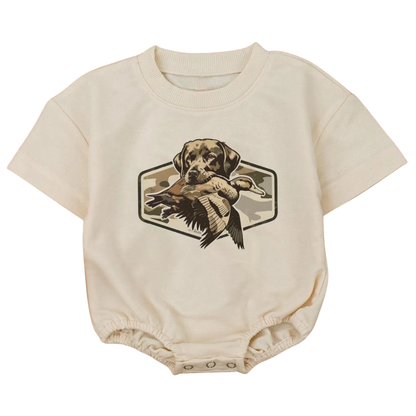 Camo Hunting Dog with Duck Baby T Shirt Romper, Camo Hunting Baby Romper BB0169