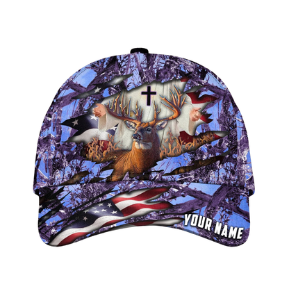 Deer Hunting Custom Cross American Flag Baseball Cap, Custom Christian Deer Cap Hat For Hunter CP0555