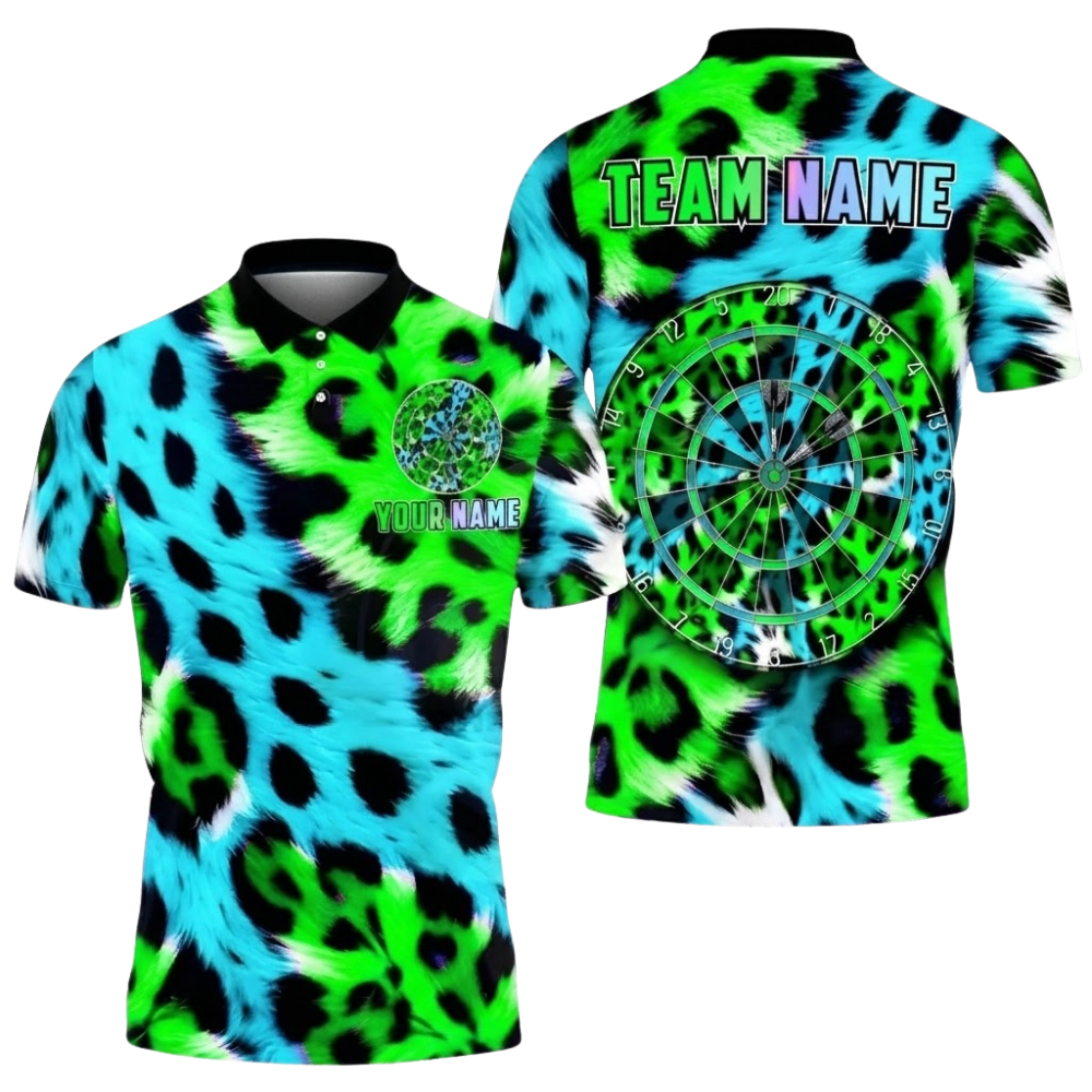 Custom Leopard Neon Cyan Pink Dart Polo Shirt Men, Custom Leopard Darts Team Shirt DZ0134