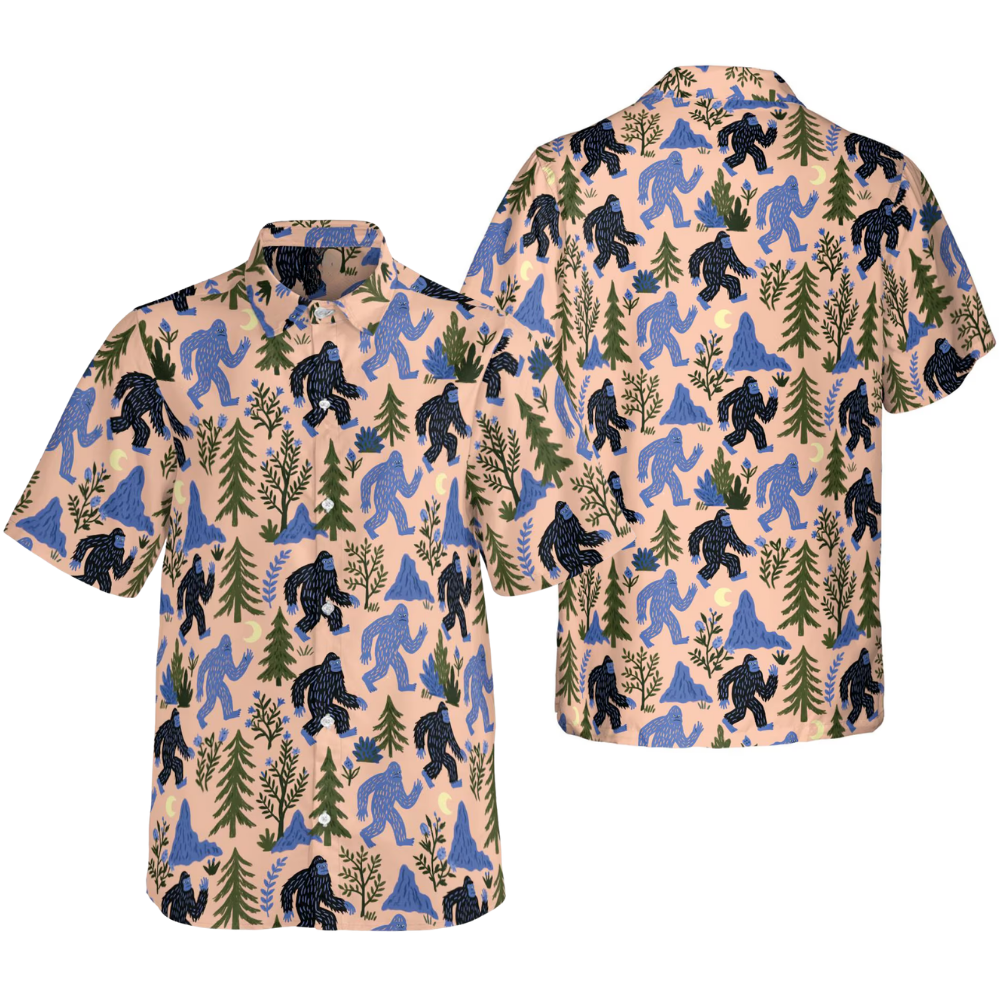 Bigfoot Forest Blue Pink Men's Hawaiian Shirt, Bigfoot Sasquatch Hawaiian Shirts HE0458
