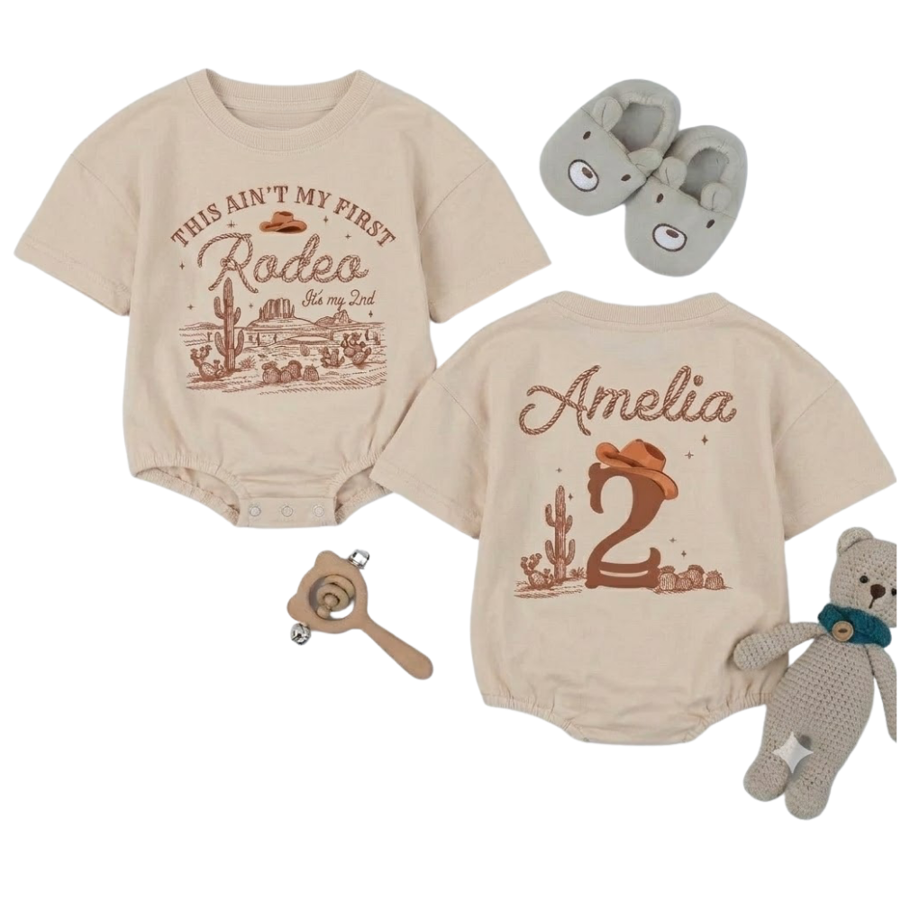 Custom This Ain’t My First Rodeo It's My 2nd Baby Tshirt Romper, Custom Name Western 2nd Birthday Baby Romper BB0283