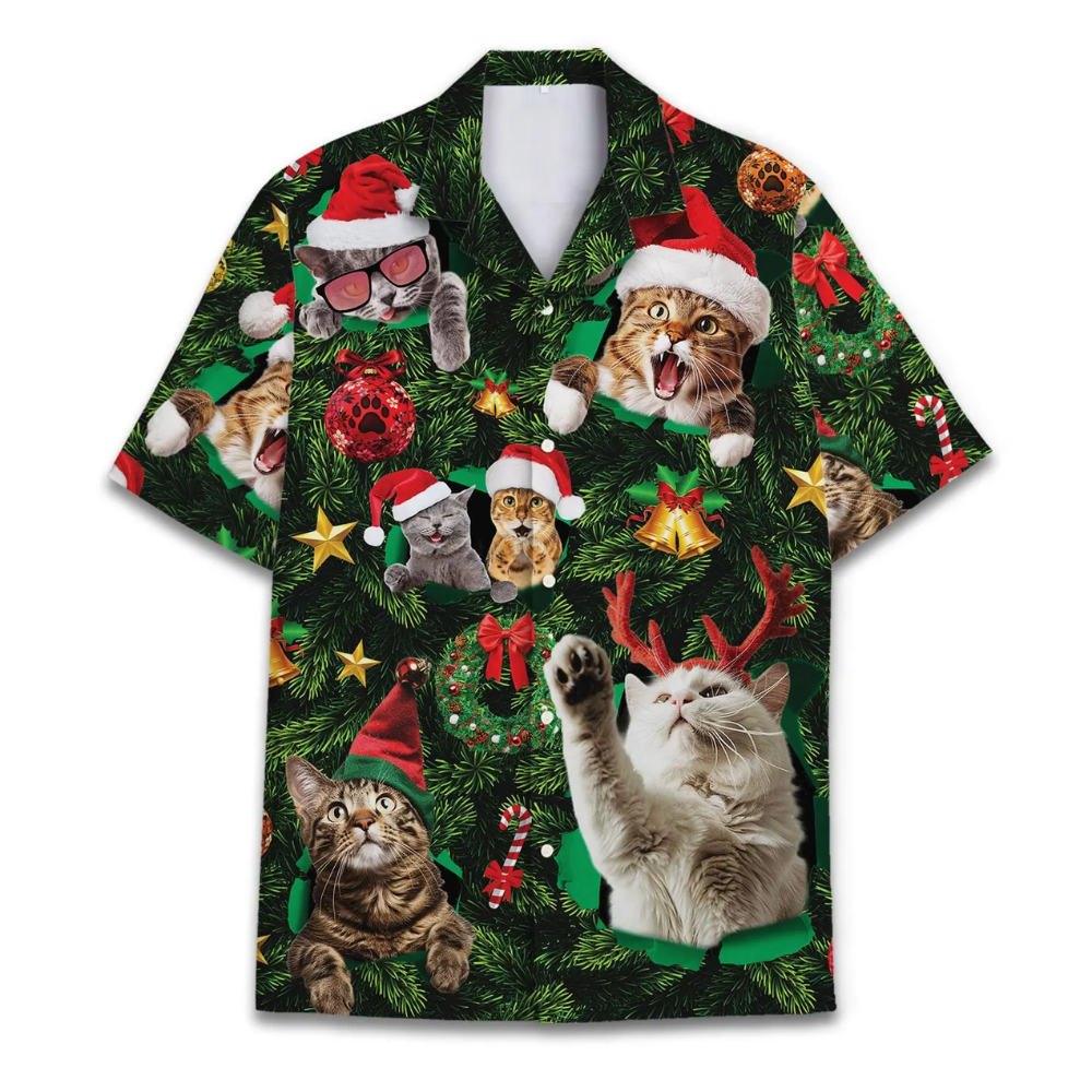 Funny Cat Xmas Tropical Hawaiian Shirt, Cat Christmas Hawaiian Shirt For Men Women HE0725