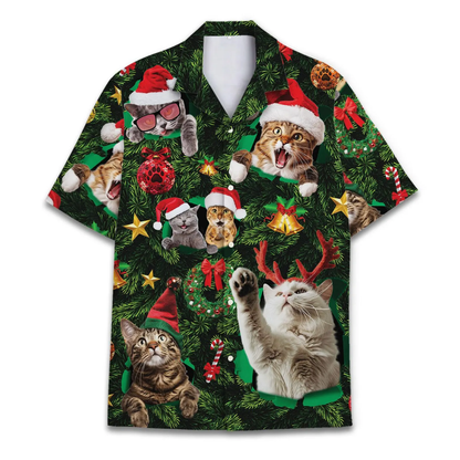 Funny Cat Xmas Tropical Hawaiian Shirt, Cat Christmas Hawaiian Shirt For Men Women HE0725