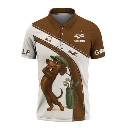 Custom Wiener Dachshund Brown White Golf Polo Shirts For Men, Customize Dachshund Lover Golf Shirts GZ0407