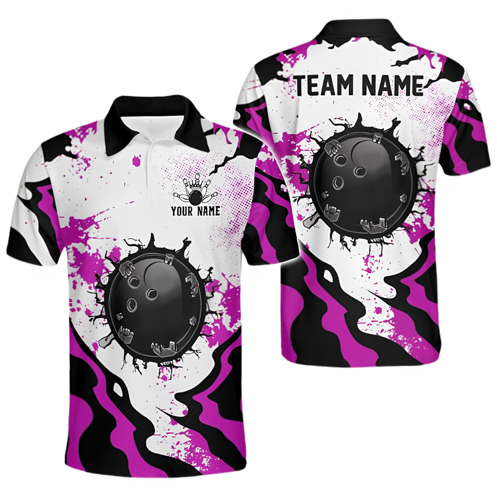 Custom Team Cracked Ball Red White Bowling Polo Shirt For Men, Custom Bowling Team Shirts BZ0667