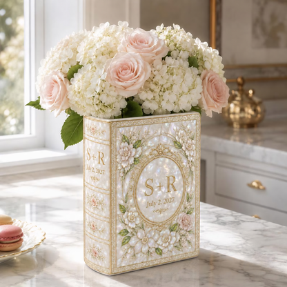 Custom Couple Initials Pearl Floral Wedding Ceramic Book Vase, Personalized Floral Book Vase For Wedding Engagement WD0616